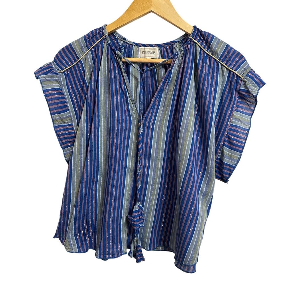 4our Dreamers blue metallic striped v neck tassel blouse‎ size Small